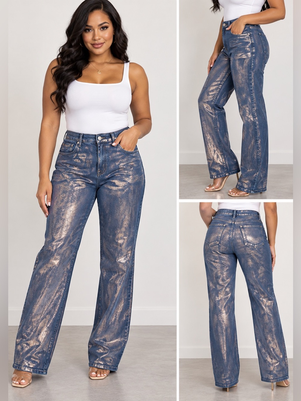 AKIRA Metallic Gold Foil Straight Leg Jeans Size 15 NWT